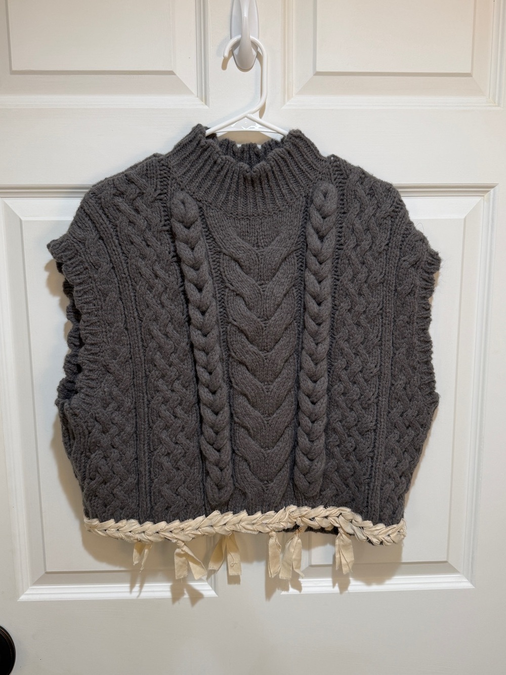Zara Charcoal Cable Knit Sleeveless Turtleneck Vest with Cream Trim